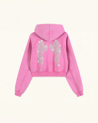 The Darling Crystal Feather Wing Cropped Hoodie - Acid Pink