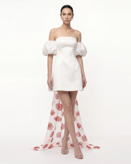 3D Floral Corn Poppy Puff-Sleeve Mini Dress with Train - Ivory