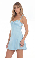 Ruched Open-Back Mini Dress in Light Blue