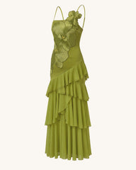 Orchid Embroidered Ruffled One-Shoulder Maxi Dress - Olive Green
