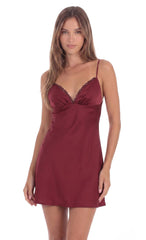 Lace Trim Mini Satin Dress in Burgundy