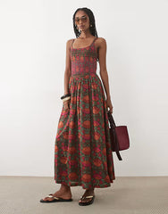 Abercrombie & Fitch scoop neck dipped waist midaxi dress with bold floral print in brown