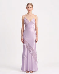 Butterfly Lace Panel Satin Slip Maxi Dress - Lavender