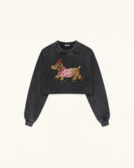 Whimsical Faux Embroidery Dachshund Sweatshirt - Black