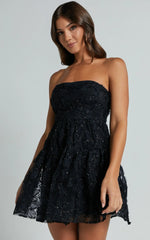 Marzy Mini Dress - Strapless Floral Detail Lace Fit and Flare Dress in Black