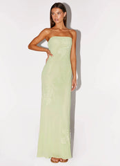 Sassafras Beaded Flower Strapless Maxi Dress - Lime