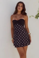 KADIE OFF SHOULDER MINI DRESS - BLACK/WHITE POLKA