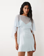 satin chiffon cape layer mini dress in blue