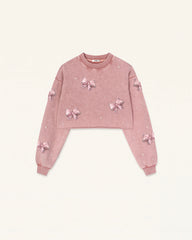 Coquette 3D Satin Bow Pearl Sweatshirt - Vintage Pink