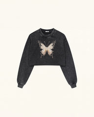 Cream 3D Pearl Butterfly Sweatshirt - Black