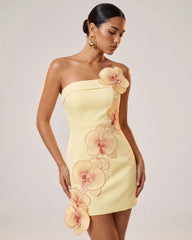 Orchid Embroidered Floral Appliqué Strapless Mini Dress - Light Yellow