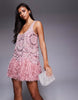 embellished scoop neck mini dress with faux feather hem in pink