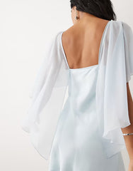 satin chiffon cape layer mini dress in blue