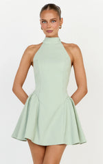 Violet Mini Dress - Halterneck A Line Dress in Sage