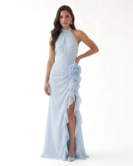Halter Ruffle Rosette Slit Maxi Dress - Light Blue