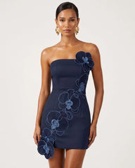 Orchid Embroidered Floral Appliqué Strapless Mini Dress - Bark Blue