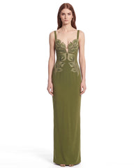3D Leaf Strappy Column Maxi Dress - Olive Green