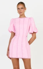 Laila Mini Linen Blend Dress - High Neck Side Cut Out Puff Sleeve Straight Dress in Pink