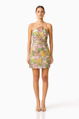 Patricia Strapless Mini Dress in Gold & Purple Floral