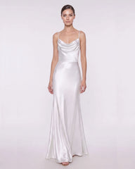 Satin Cowl Neck Spaghetti Strap Maxi Dress - White