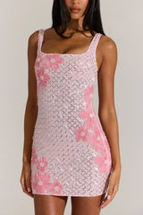 Embellished Square-Neck Mini Dress in Blossom Pink