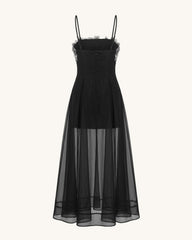 Floral Embroidered Sheer Layered Maxi Dress - Black
