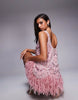 embellished scoop neck mini dress with faux feather hem in pink