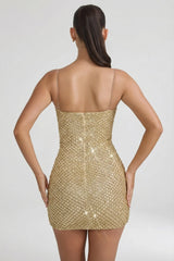 Embellished Sweetheart-Neck Mini Dress in Gold