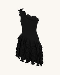 Flower Embroidered One-Shoulder Corset Mini Dress - Black