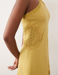 fit and flare crochet patch halter mini dress in khaki