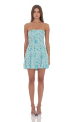 Sequin Beaded Flare Strapless Dress in Blue