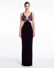 3D Floral Cutout Velvet Maxi Dress - Dark Purple