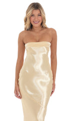 Strapless Satin Open Back Maxi Dress in Gold