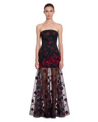 Floral Embellished Strapless Sheer-Hem Maxi Dress - Black & Red
