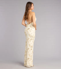 Maren Floral Sequin Mesh Halter Formal Dress