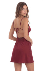 Lace Trim Mini Satin Dress in Burgundy