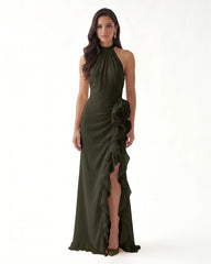 Halter Ruffle Rosette Slit Maxi Dress - Olive Green
