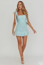 Neriah Tied Shoulder Lace Mini Dress Baby Blue