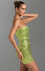 Oh Polly Aurora Embellished Bandeau Mini Dress in Pear Green