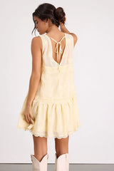 Romy Light Yellow Lace Tiered Shift Mini Dress