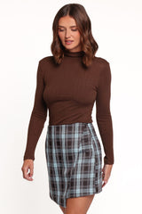 Kelly Faux Wrap Mini Skirt - Choc/Blue Plaid