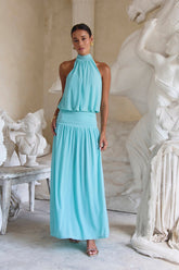 Camellia Mesh Halter Maxi Dress Light Blue