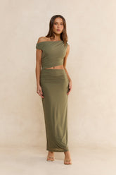 Midnight Musings Off Shoulder Maxi Dress Olive