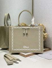 CD Book Tote Beige Embroidery and White Woven Grosgrain Ribbon