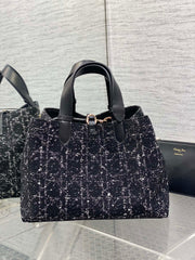 MEDIUM 28 TOUJOURS BAG IN BLACK MIX WHITE CANNAGE TWEED WITH GOLD HARDWARE