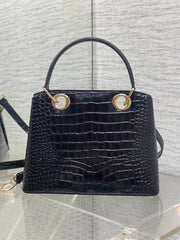 CD 26SS Bow-Adorned Bag Black Glossy Crocodile Pattern Embossed Calfskin 272521