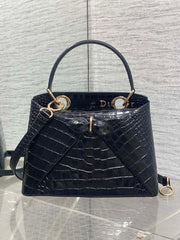 CD 26SS Bow-Adorned Bag Black Glossy Crocodile Pattern Embossed Calfskin 272521