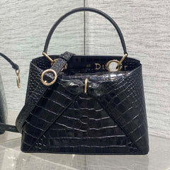 CD 26SS Bow-Adorned Bag Black Glossy Crocodile Pattern Embossed Calfskin 272521
