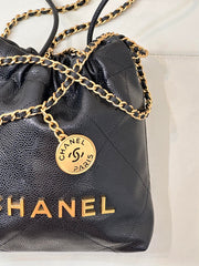 CC 22 Hobo Bag 19cm Black Grained Calfskin Gold Hardware