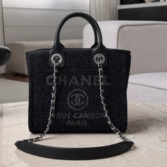 Chanel 2026 Mini Deauville Tote Bag 24cm Black Wool Leather Canvas